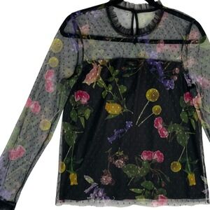 52seven Floral Print Long Sleeve Mesh Top Women's Size M Black Colorful